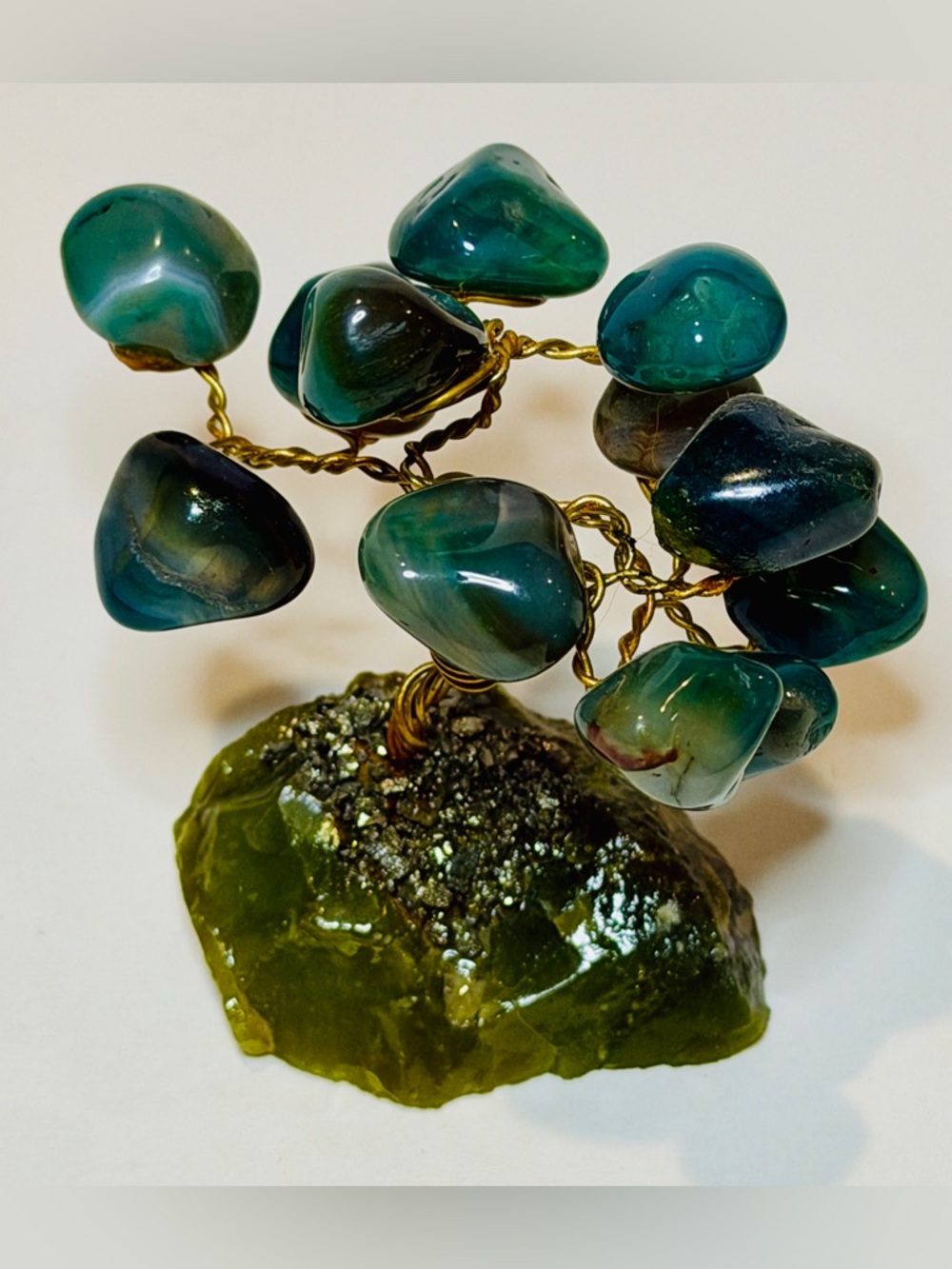 Green Agate Gemstone Bonsai Tree on Natural Stone Base 3” Decor